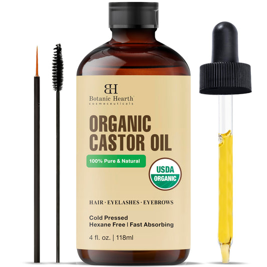 Botanic Hearth Castor Oil | USDA Certified Organic |100% Pure & Hexane Free | Cold Pressed | Growth for Eyelashes, Eyebrows, Hair | With Eyebrow & Eyelash Brush | 4fl oz