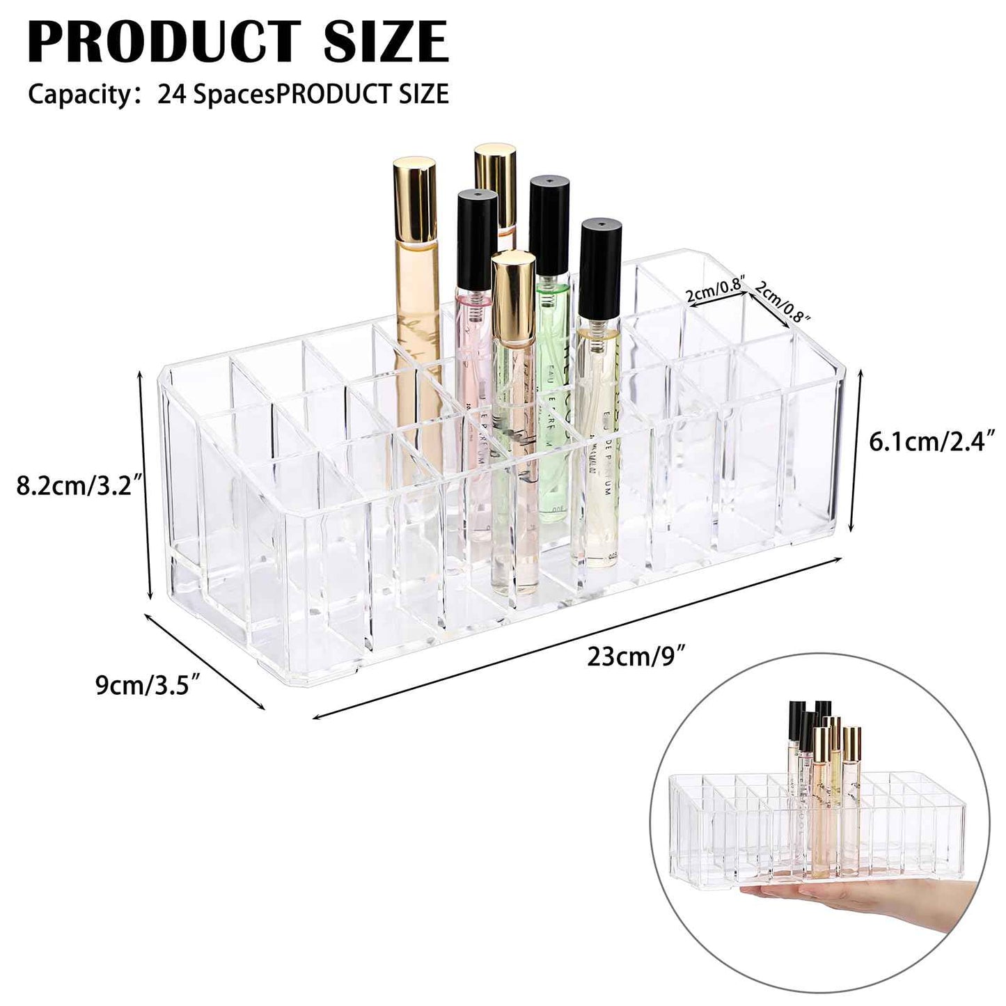 ELLDOO Rollerball Perfume Organizer, 24 Spaces Clear Acrylic Perfume Storage Holder Beauty Scent Holder, Makeup Lipgloss Lipstick Display Case