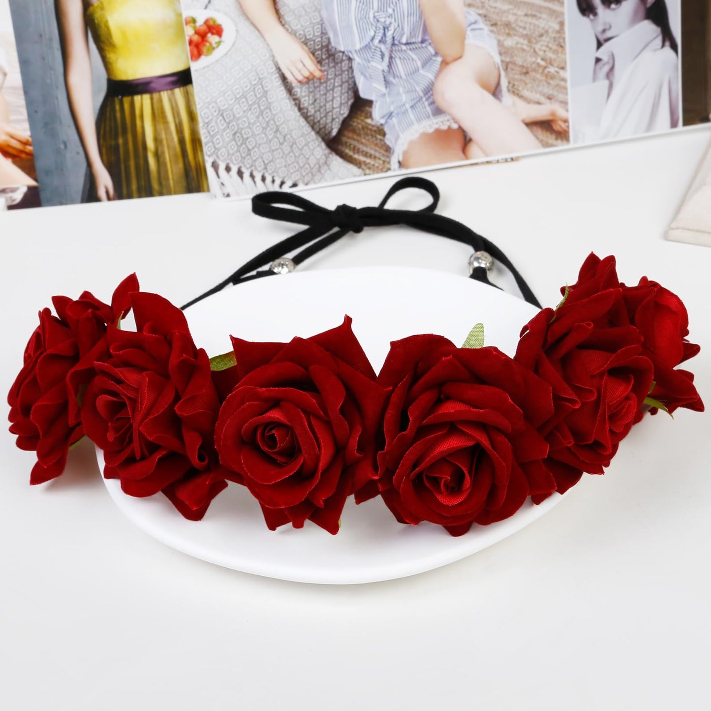 WOVOWOVO Rose Flower Crown Floral Headbands for Women Girls Burgundy Fake Roses Headband for Festival Halloween Cosplay Costume Party Wedding Garland Wreath Hair Accessories