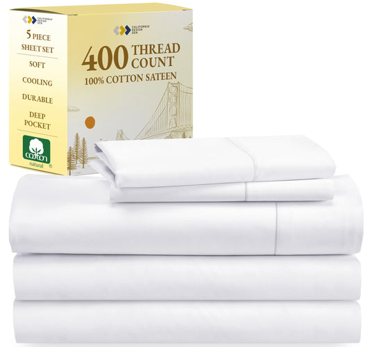 California Design Den Split King Sheets Sets for Adjustable Bed, Good Housekeeping Award Winner,400 Thread Count 100% Cotton Sheets, Sateen Bed Sheets Set,Includes Twin XL Fitted Sheets,White Sheets