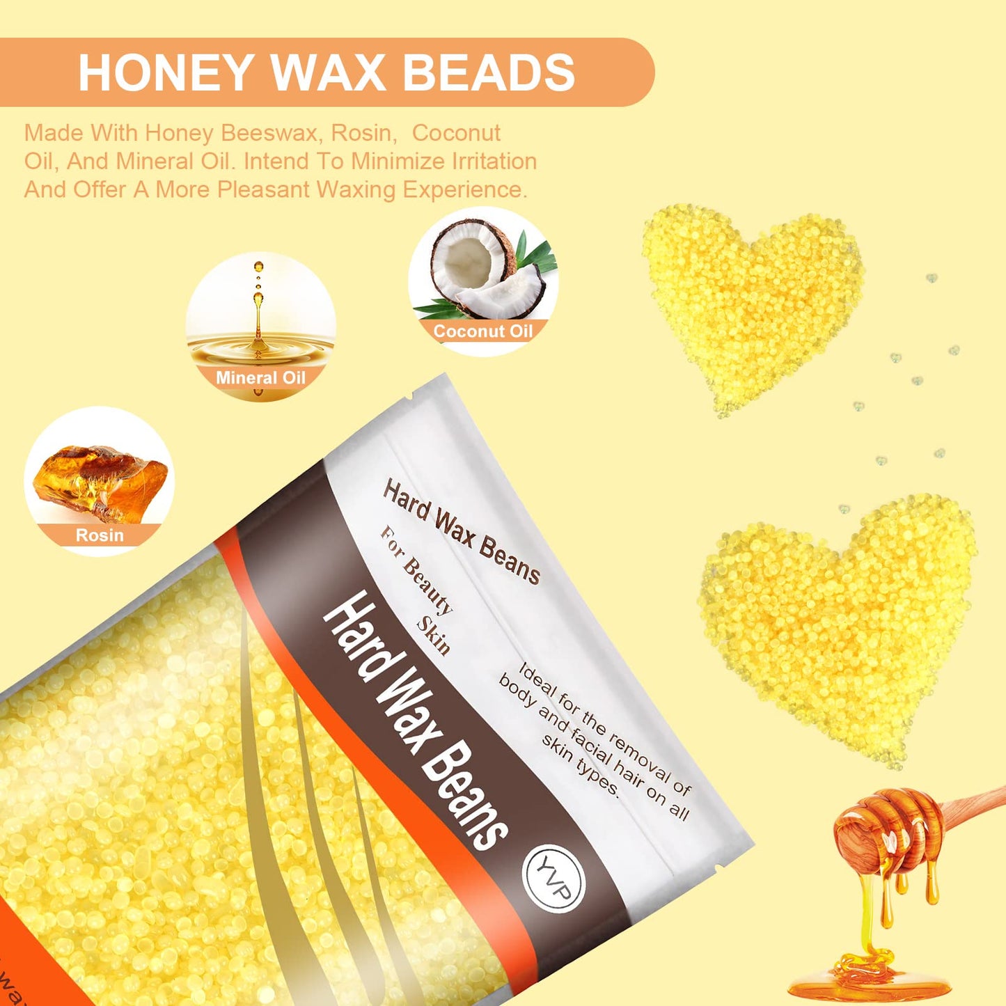 Yovanpur Hair Removal Wax Beads for Brazilian Waxing, Sensitive Skin - Face, Eyebrow, Legs At Home - 300g (10 Oz) with 10 Pearl Wax Sticks (Honey)