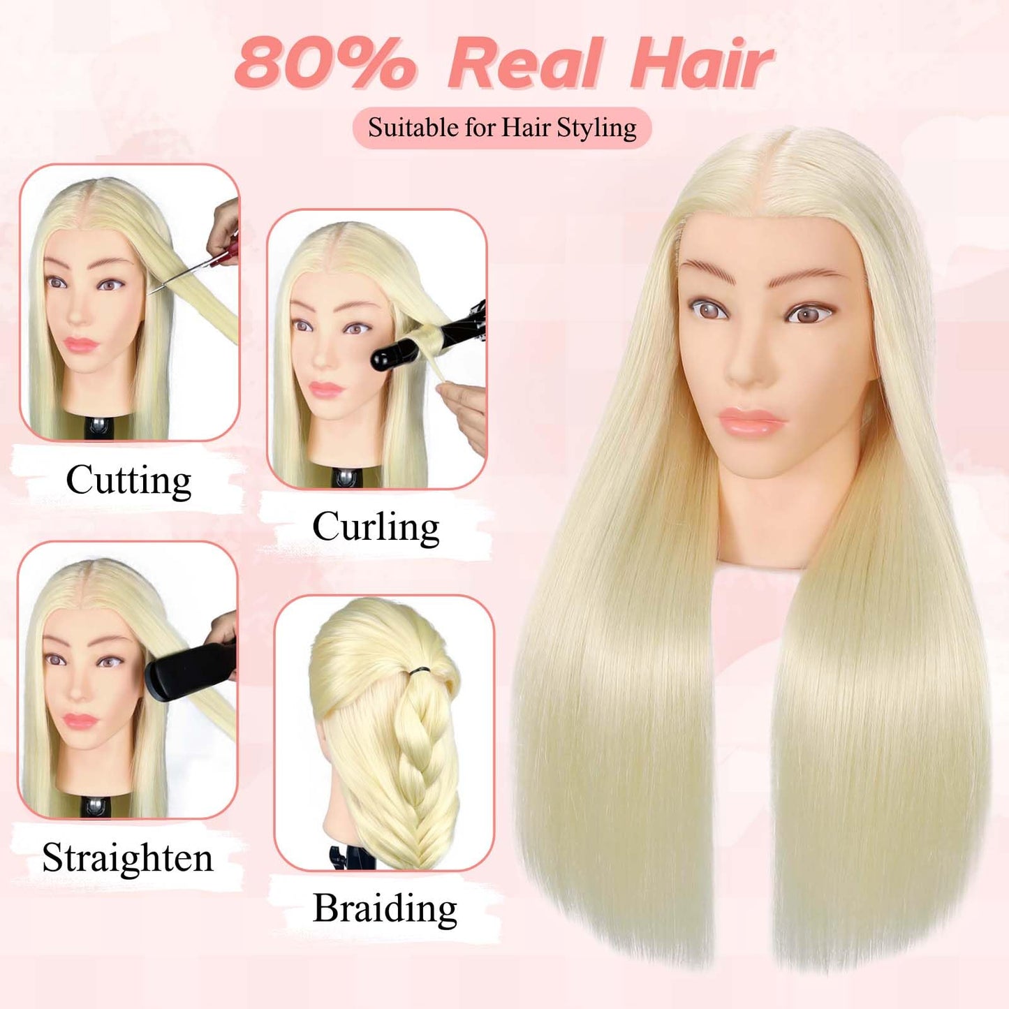 MQHIHI Mannequin Head Human Hair, 80% Real Hair Mannequin Head Cosmetology Manikin Practice Doll Head for Braiding Hairstyling Cutting with Free Clamp Holder and Tools (Blonde)