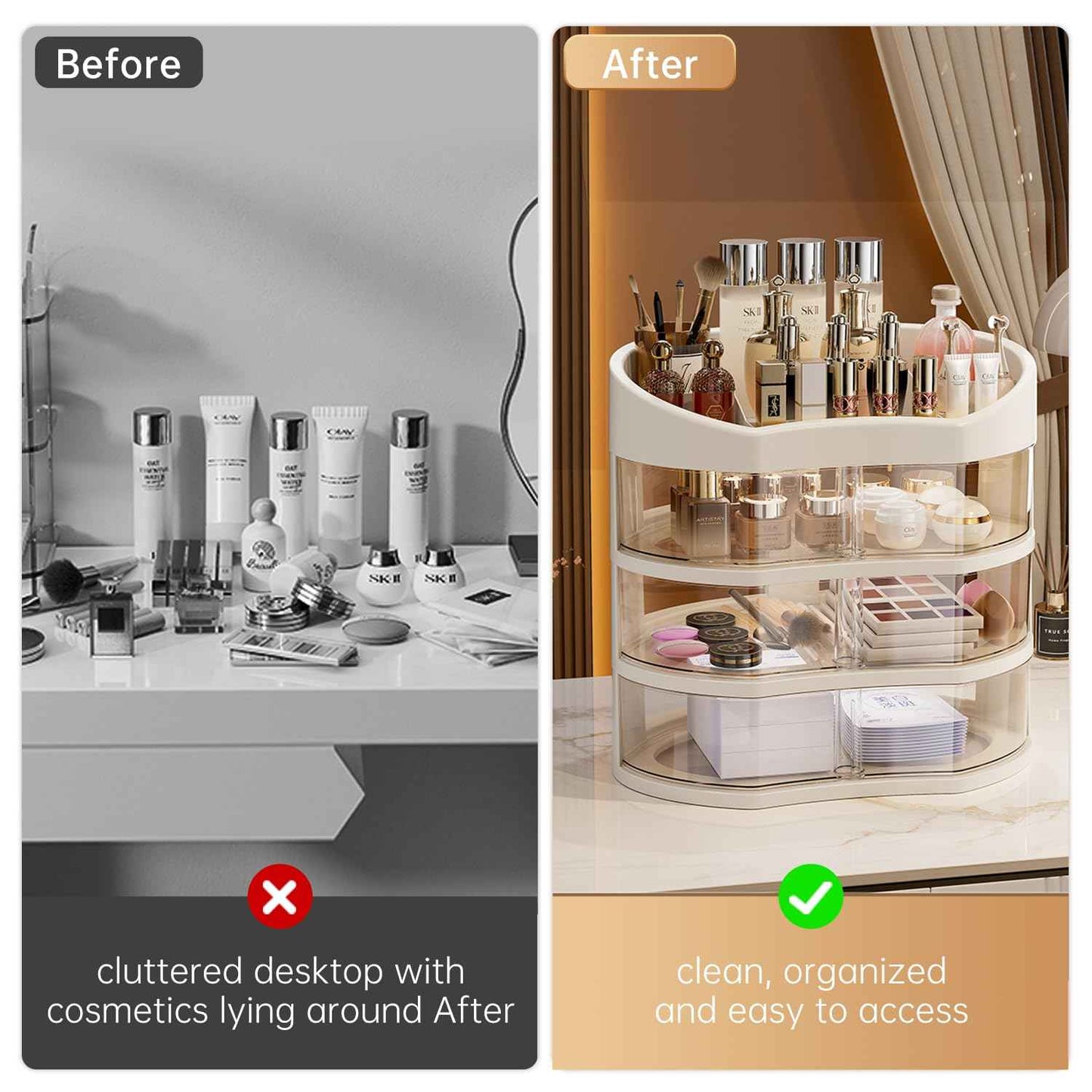 UFORU Makeup Organizer for Vanity, Countertop Organizer with 360° Rotating Drawer, Spacious Cosmetic Display Case for Beauty Essential, Skincare,Lipstick, 2 Drawers