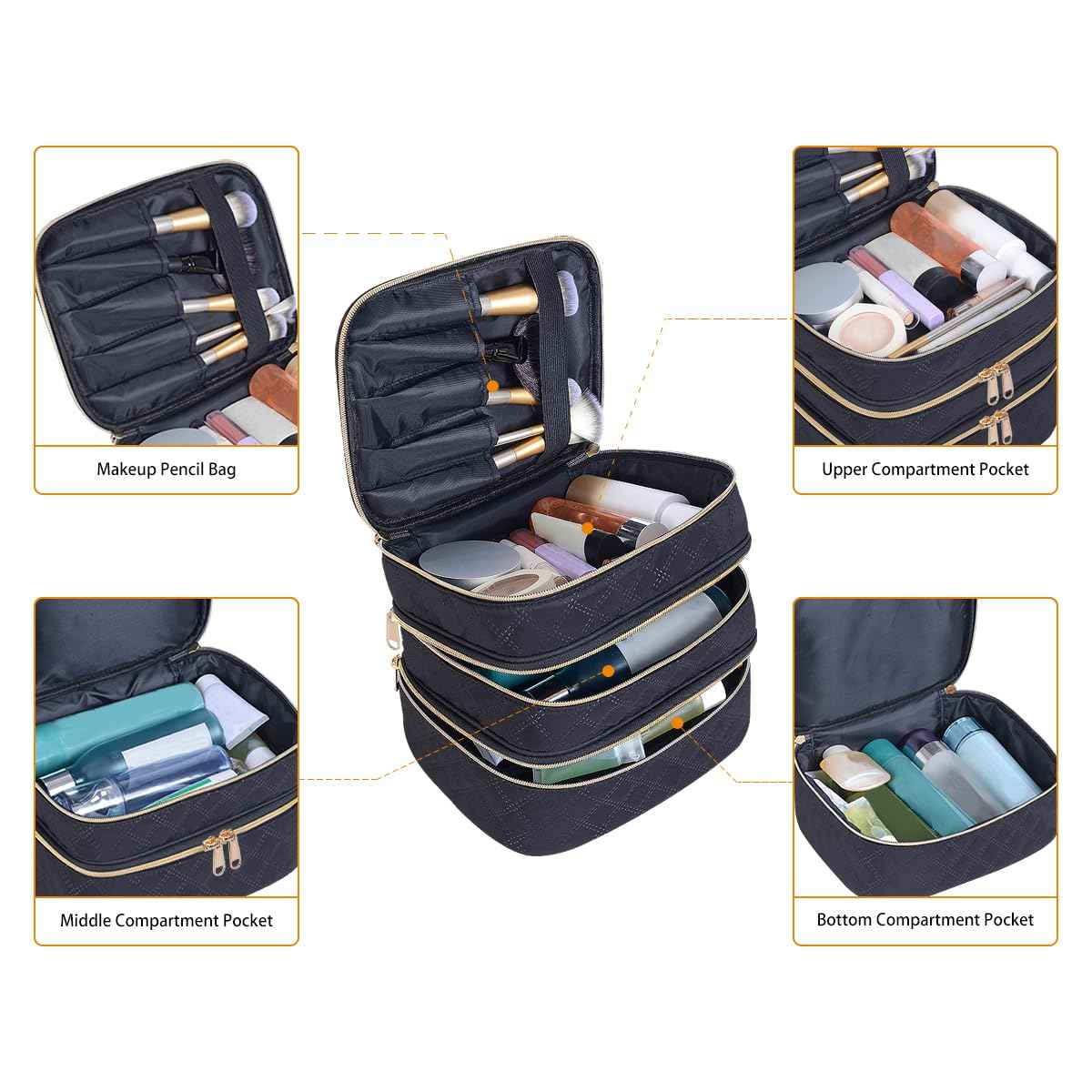 LANDFOBO Large Makeup Bag 3 Layers with Handle Travel Makeup Bag Organizer Toiletry Accessories Bottles, Brushes, and Skin Care Products (Black)