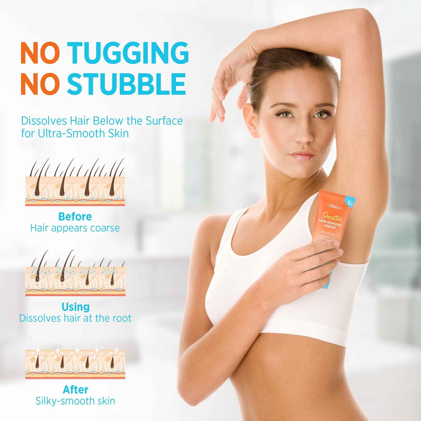 Milakos Painless Hair Removal Cream - Soothing Depilatory for Women with Sensitive Skin. Enriched with Aloe, Chamomile & Vitamin E, For Legs, Arms, Bikini & Underarms.