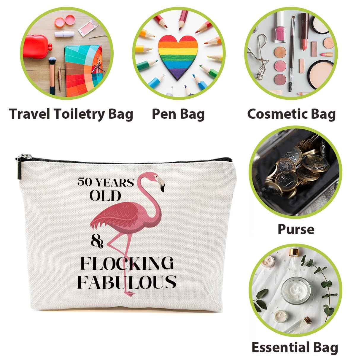 BQXH 50th Birthday Gifts for Her, Gifts for 50th Birthday Woman, Flamingo Gifts Funny Makeup Bag, 50 Year Old Gifts for Women Grandma Mom, Turning 50 Cosmetic Bag, Flamingo Lover Gifts Toiletry Bag