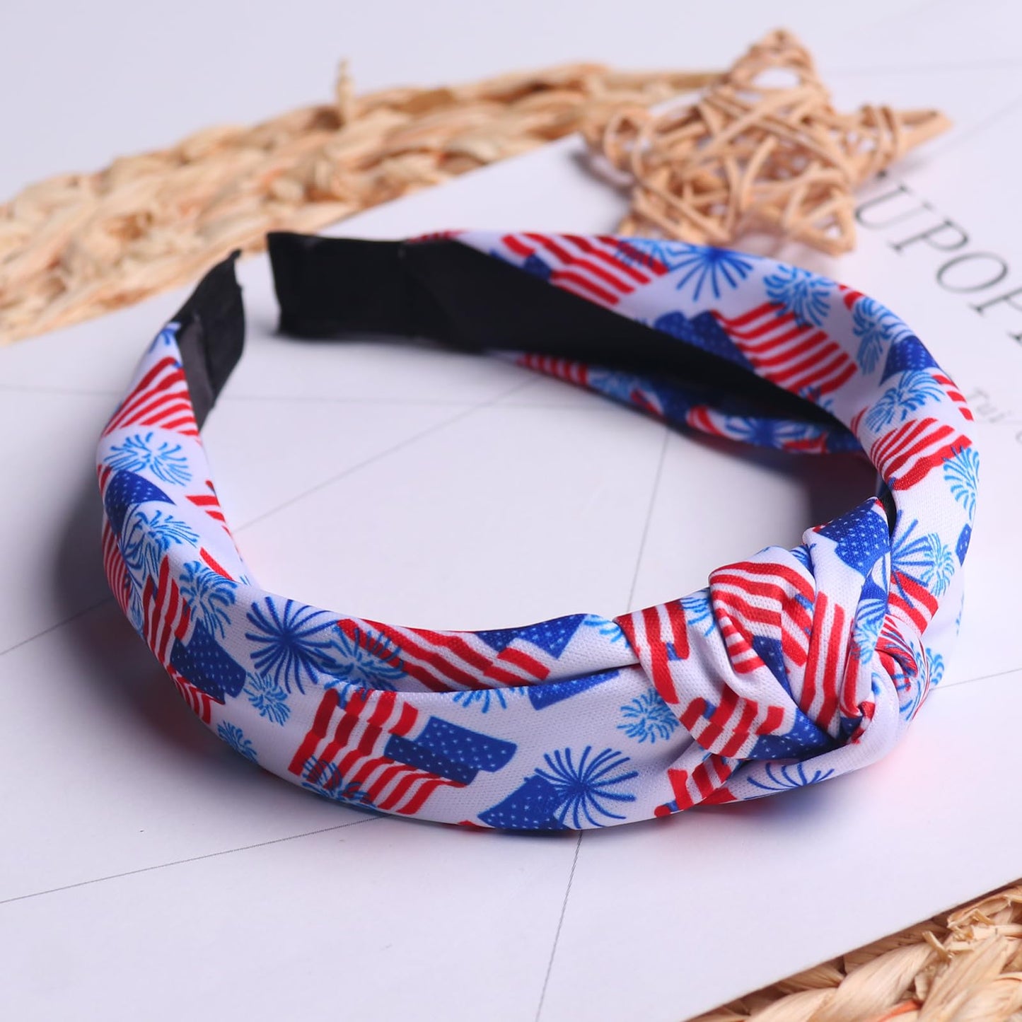 HIFANMM 4th of July Headband Independence Day Hair Accessories for Women Girls USA Flag Fireworks Hair Decoration Non Slip Wide Knotted Hair Band Patriotic Parade Makeup Decor Supplies 1 Pcs