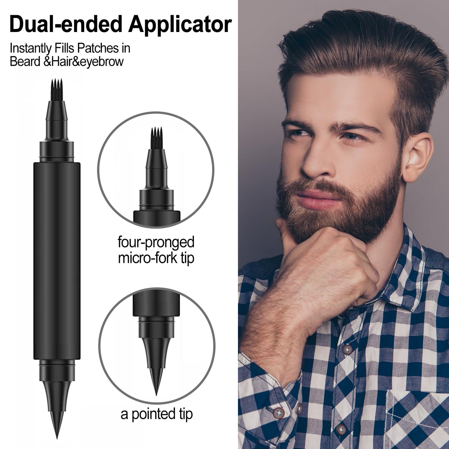 Vtrem Beard Pencil Filler for Men Black 3 Pack Dual Ended Applicator 4 Tip Micro Fork Pointed Tip Stubble Stick Pen With Brush Waterproof Beard Pen and Beard Brush Beard Comb