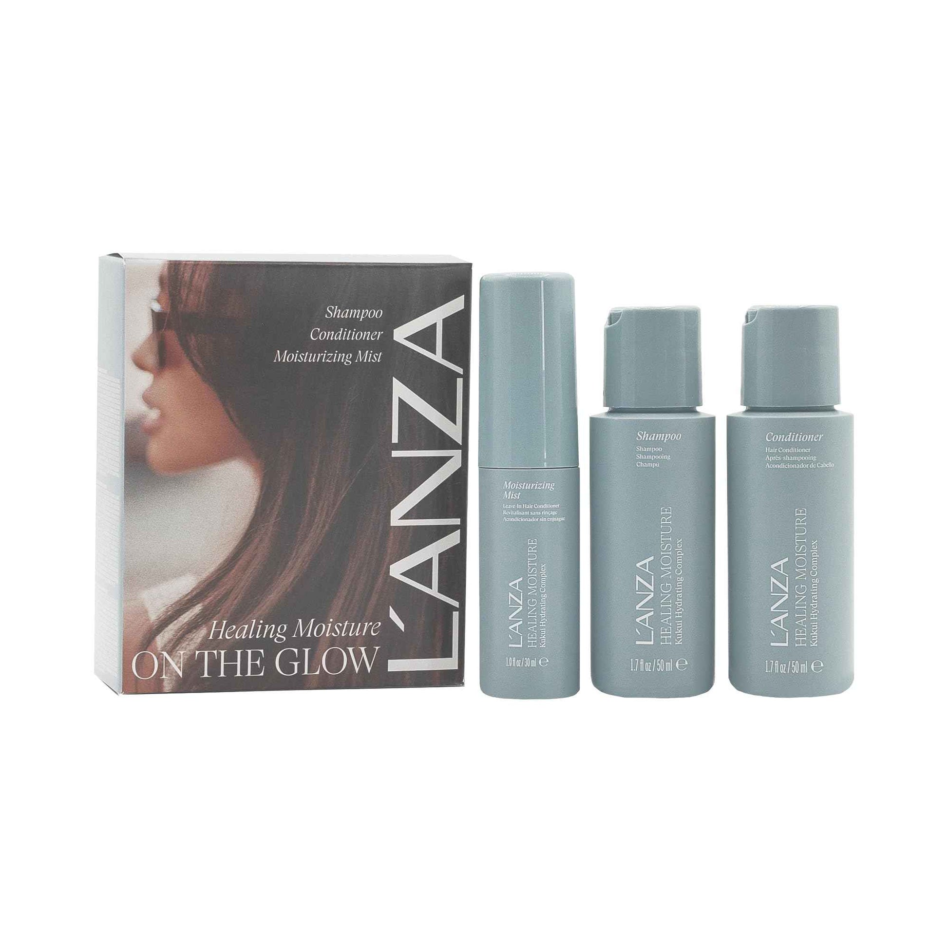 L'ANZA Healing Moisture Mini Hair Care Kit, Shampoo, Conditioner & Mist Leave-In Conditioner Spray, Hydrating, Detangles, Softens, UV & Heat Protection, Adds Shine, Fights Humidity, Color Safe