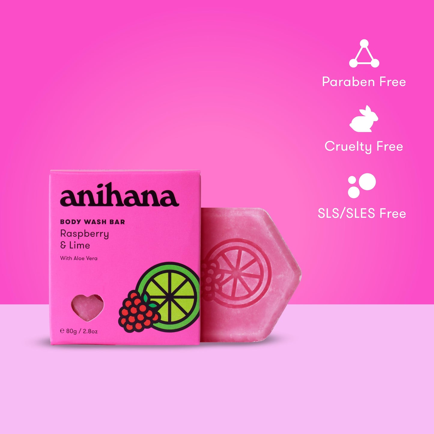 ANIHANA Body Wash Bar with Coconut Oil and Aloe Vera, Soap Free, Moisturizing, Gentle, Soft Skin Care, Refreshing Raspberry & Lime Scent 2.8 Oz