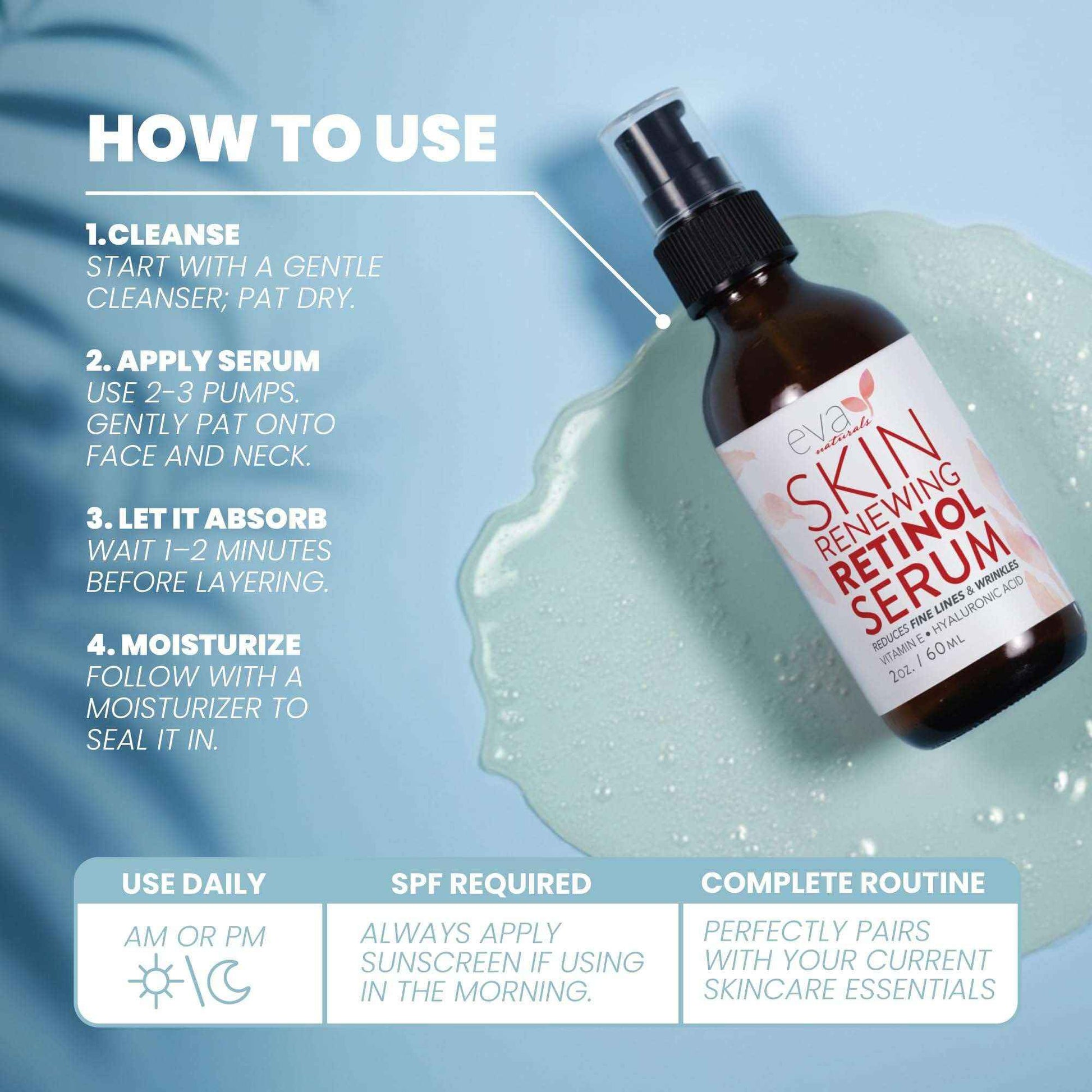 Eva Naturals Retinol Serum for Face – Anti Aging Night Serum with Hyaluronic Acid, Vitamin E, Witch Hazel, Aloe – Wrinkle Moisturizer, Dark Spot Corrector, Acne Scar Treatment, Skin Brightening – 2oz