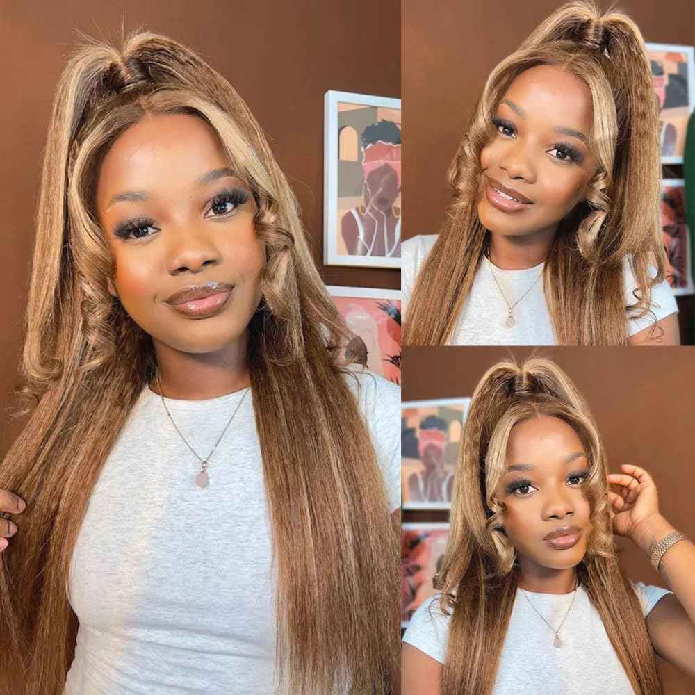 P4/27 Highlight Blonde Bundles Human Hair Yaki Straight Bundles 20 22 24 Inch Human Hair Weave 3 Bundle Unprocessed Brazilian Virgin Hair Brown Kinky Straight Human Hair Extensions 50 Grams/Bundle