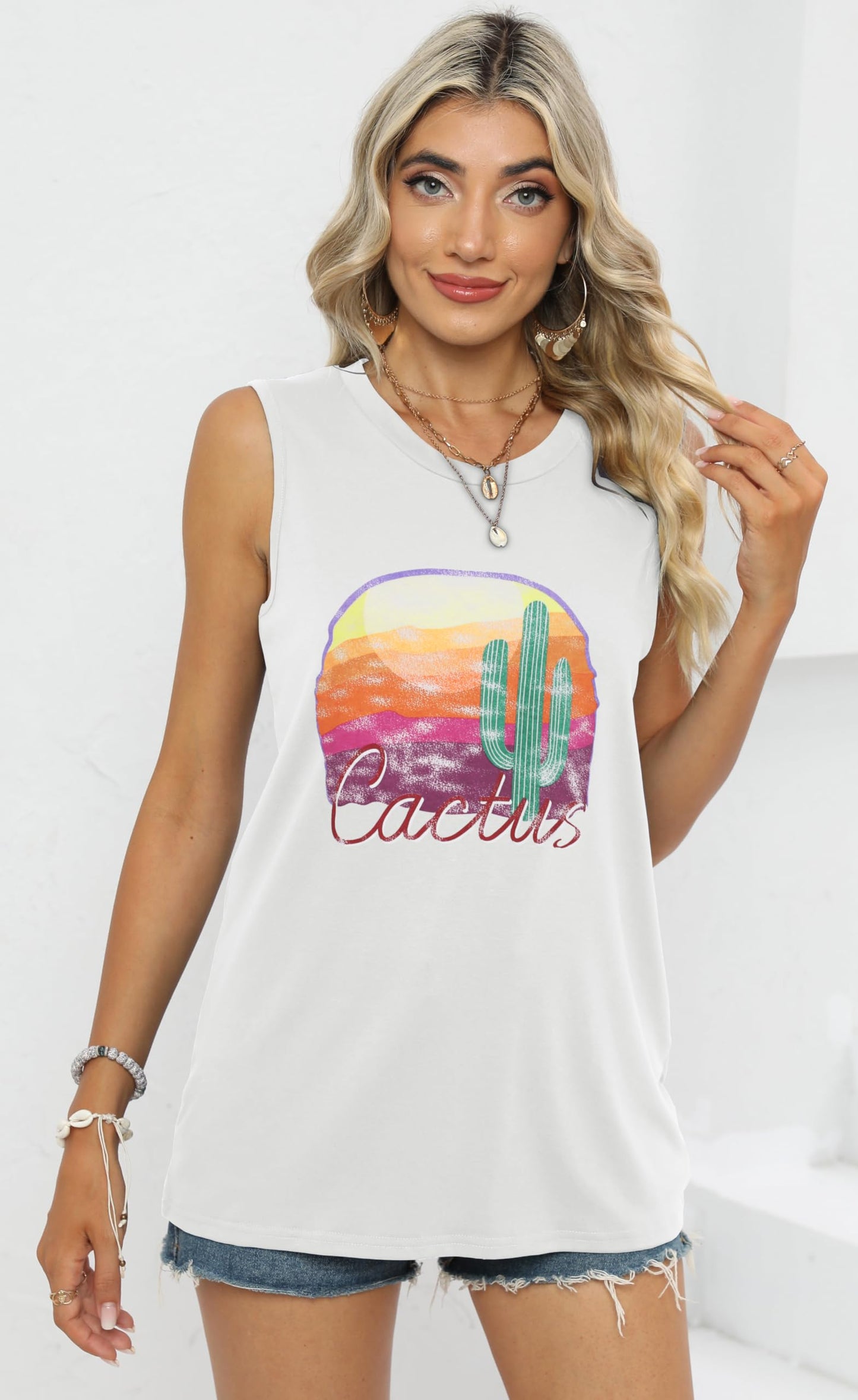 Summer Tops for Women Sleeveless Crew Neck Basic Casual Loose Top (Sunset Cactus, S)