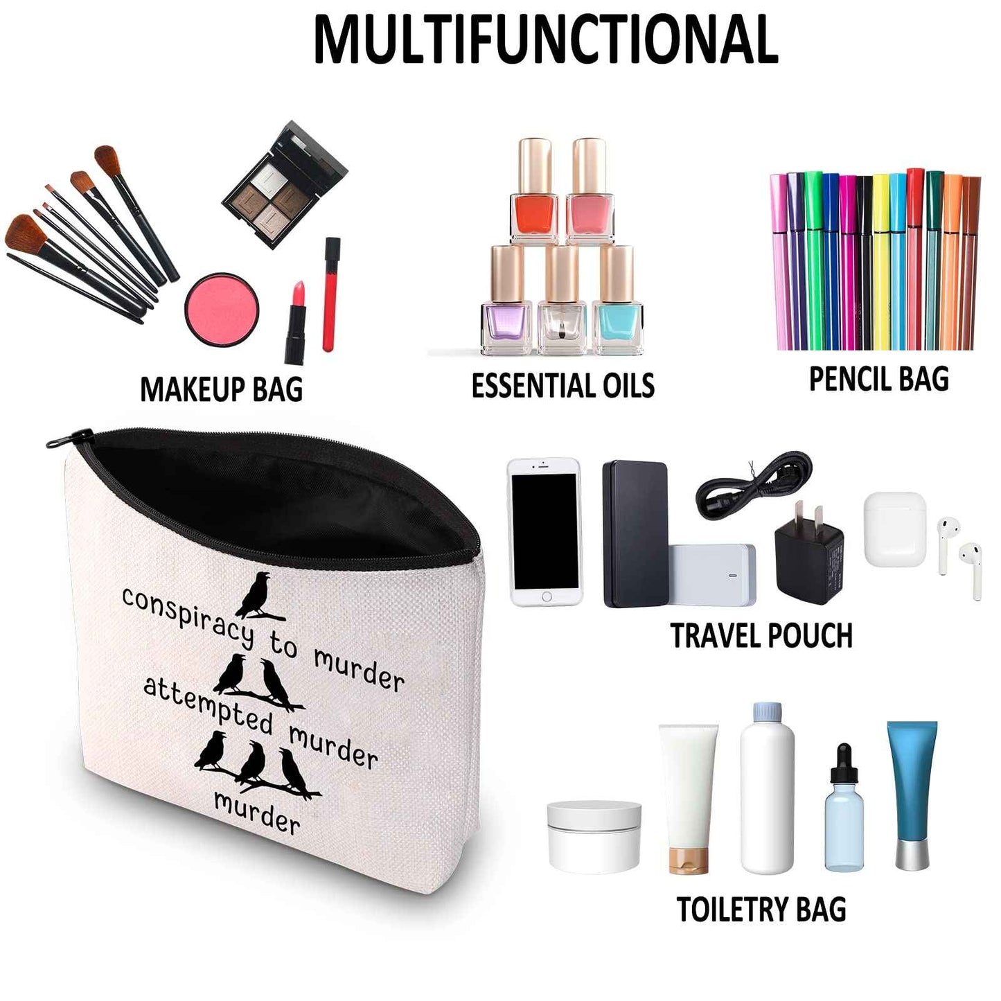 G2TUP Crow Lover Gift Conspiracy To Murder Makeup Bag Black Crow Cosmetic Bag Bird Lover Gift Bird Watching Gift True Crime Zipper Travel Bag (Conspiracy To Murder White Bag)