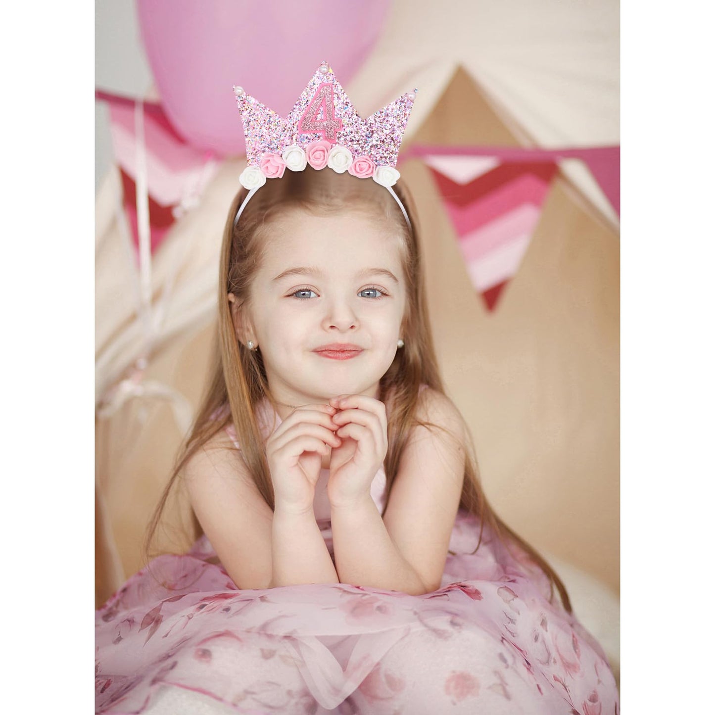 YARIEW 4th Birthday Decorations for Girls, 4th Birthday Headband and Glitter Birthday Sash Kit, Birthday Tiara Flower Princess Crown Headband It's My Birthday Sash Birthday Girl Outfit