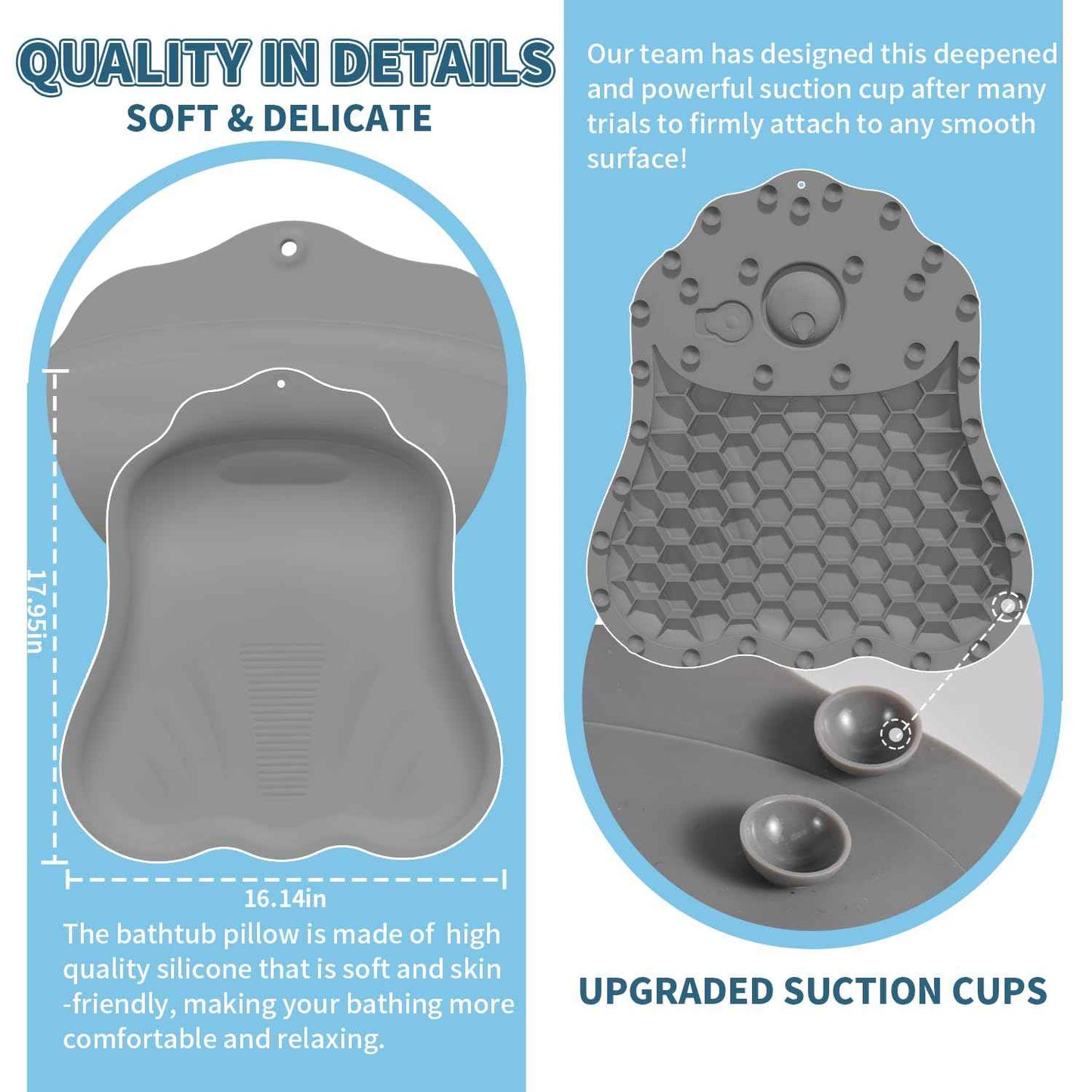 Silicone Bath Pillow for Tub – Ergonomic Bathtub Headrest with Inflatable Air Cushion, Non-Slip Suction Cups & Neck/Back Support – Comfortable Spa Bath Accessory for Relaxation (Grey)