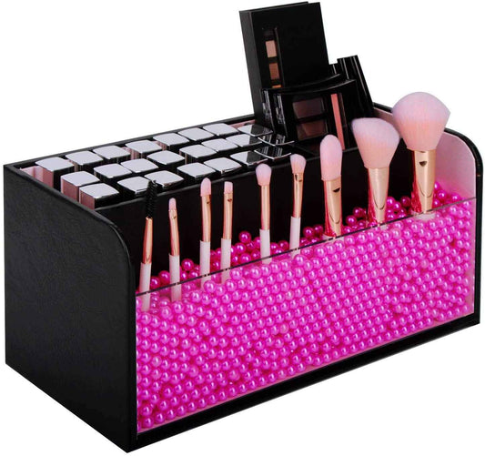 J JACKCUBE DESIGN JackCubeDesign Makeup Organizer with Pink Pearls, Black Cosmetic Storage Case Box with Brush Holder, Large Capacity with 3 Compartments (Black, 11.8 x 4.9 x 5.3 inches)-:MK284A