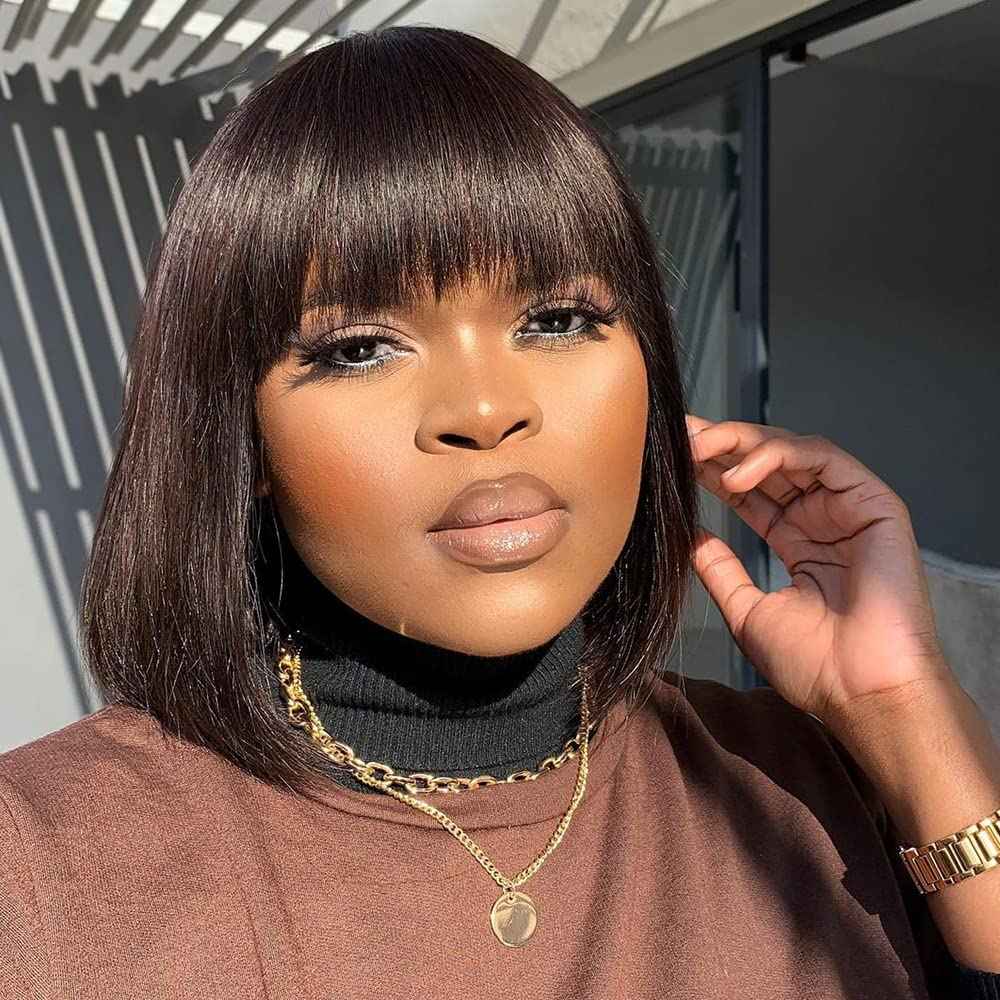 CINCIN Short Bob Wig with Bangs 100% Human Hair None Lace Front Machine Made Straight Bob Wigs for Women Natural Color Wigs Daily 14 Inch