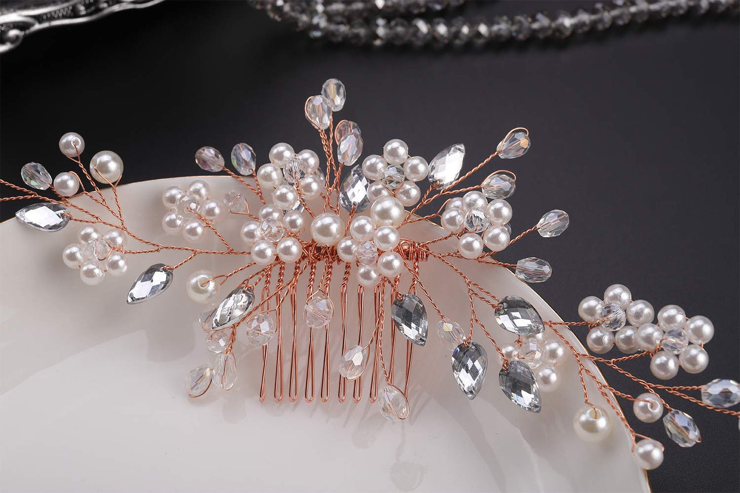 Anglacesmade Bridal Hair Comb Crystal and Pearl Wedding Comb Hair Vine Branch Wedding Hair Accessories for Women and Girls (Rose gold)