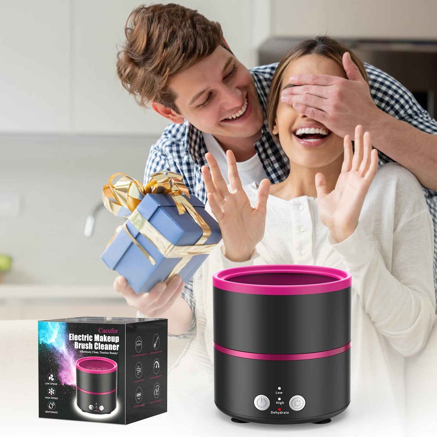 Cucufor Electric Makeup Brush Cleaner Machine, 2 Speeds and Dehydration Powerful Friction Removes Residue on Makeup Brushes Set/Sponge/Powder Puffs, Efficient Cleaning, Spinning Washer Black Pink