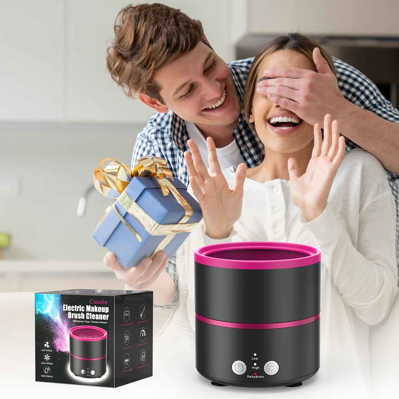 Cucufor Electric Makeup Brush Cleaner Machine, 2 Speeds and Dehydration Powerful Friction Removes Residue on Makeup Brushes Set/Sponge/Powder Puffs, Efficient Cleaning, Spinning Washer Black Pink