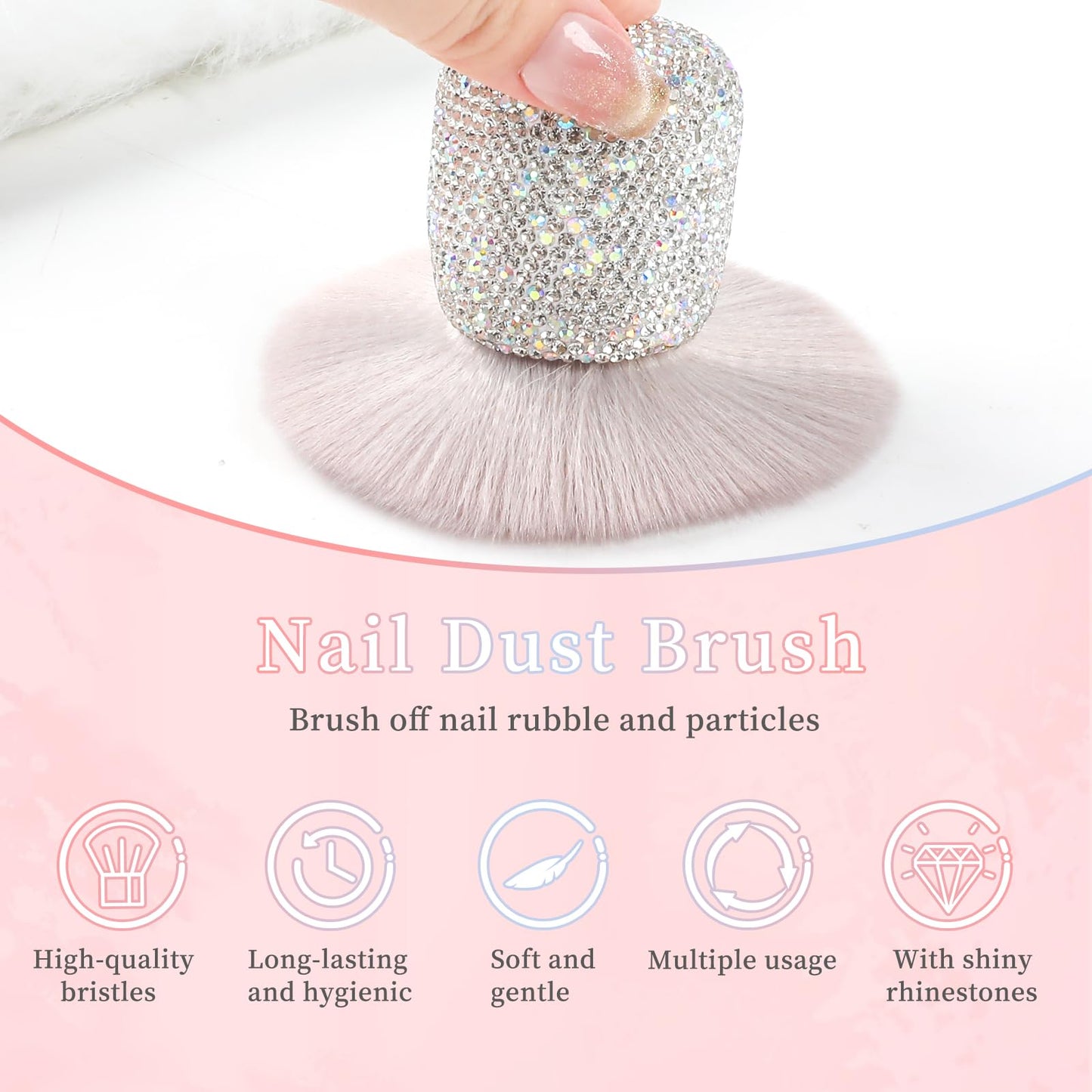 ANGNYA Nail Dust Brush with Shiny Rhinestones, Fluffy Dust Brush for Acrylic Nails Soft Dip Powder Remover Makeup Brush Clean Up Tools Nail Art Brush(Grey)