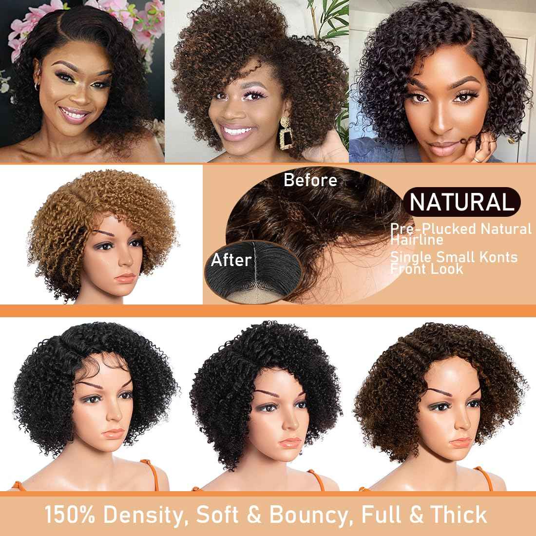 N BLE STAR 5inch Side Part HD Lace Front Wigs 10" Wear and Go Glueless Wigs Human Hair 180% Density Brazilian Virgin Hair Kinky Curly Lace Front Wig P4/30#