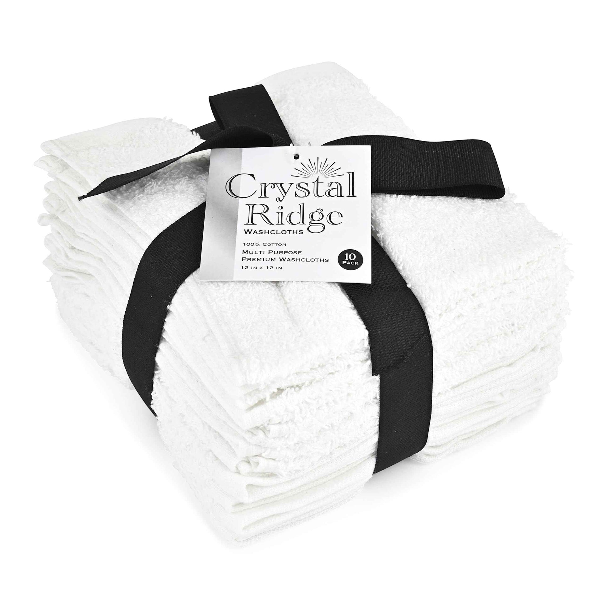 Crystal Ridge Cotton Wash Cloths 10 Pack - Washcloths for Showering, Face and Body, Soft and Highly Absorbent Multipurpose Towels for Bathroom, Kitchen, Spa and Gym - Wash Rags 12 x12 (White)