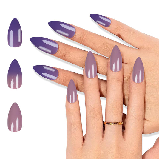 2 in 1 Color Changing Tips 24Pcs Temperature Color Change False Nails Purple Stiletto Nail Art Manicure Kit for Nail Art Home DIY