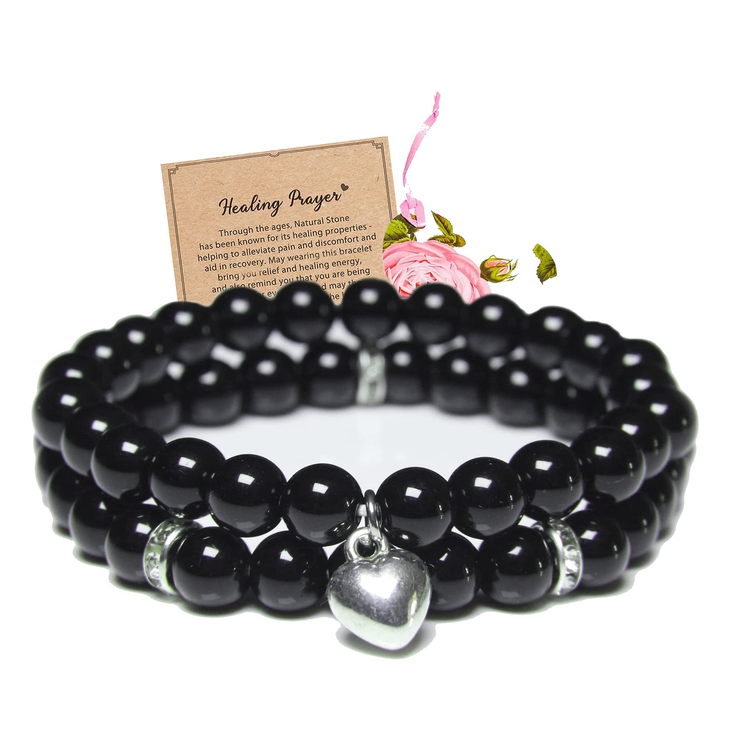 Healing Bracelets for Women - Black Obsidian Bracelet - Healing Prayers Crystal Bracelet, 8mm Natural Stone Anti Anxiety Stress Relief Yoga Beads Get Well Soon Gifts