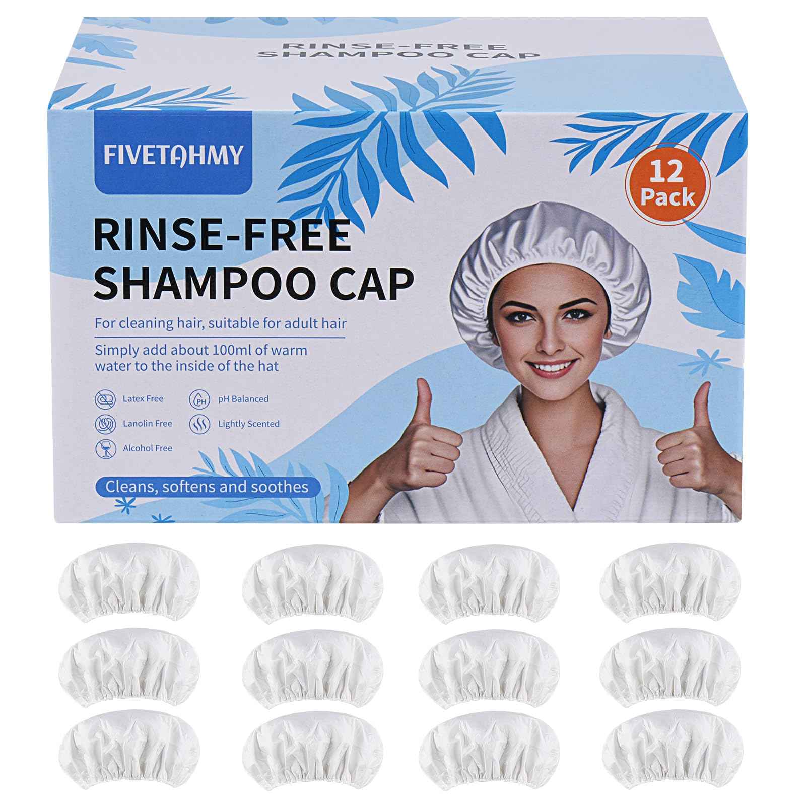Shampoo cap 12 Pack, No-Rinse Shampoo Cap, Waterless Shampoo and Conditioner Suitable for Adults, Bedridden and Seniors Suitable for Adults, Bedridden and Elderly, Hospitals, Camping