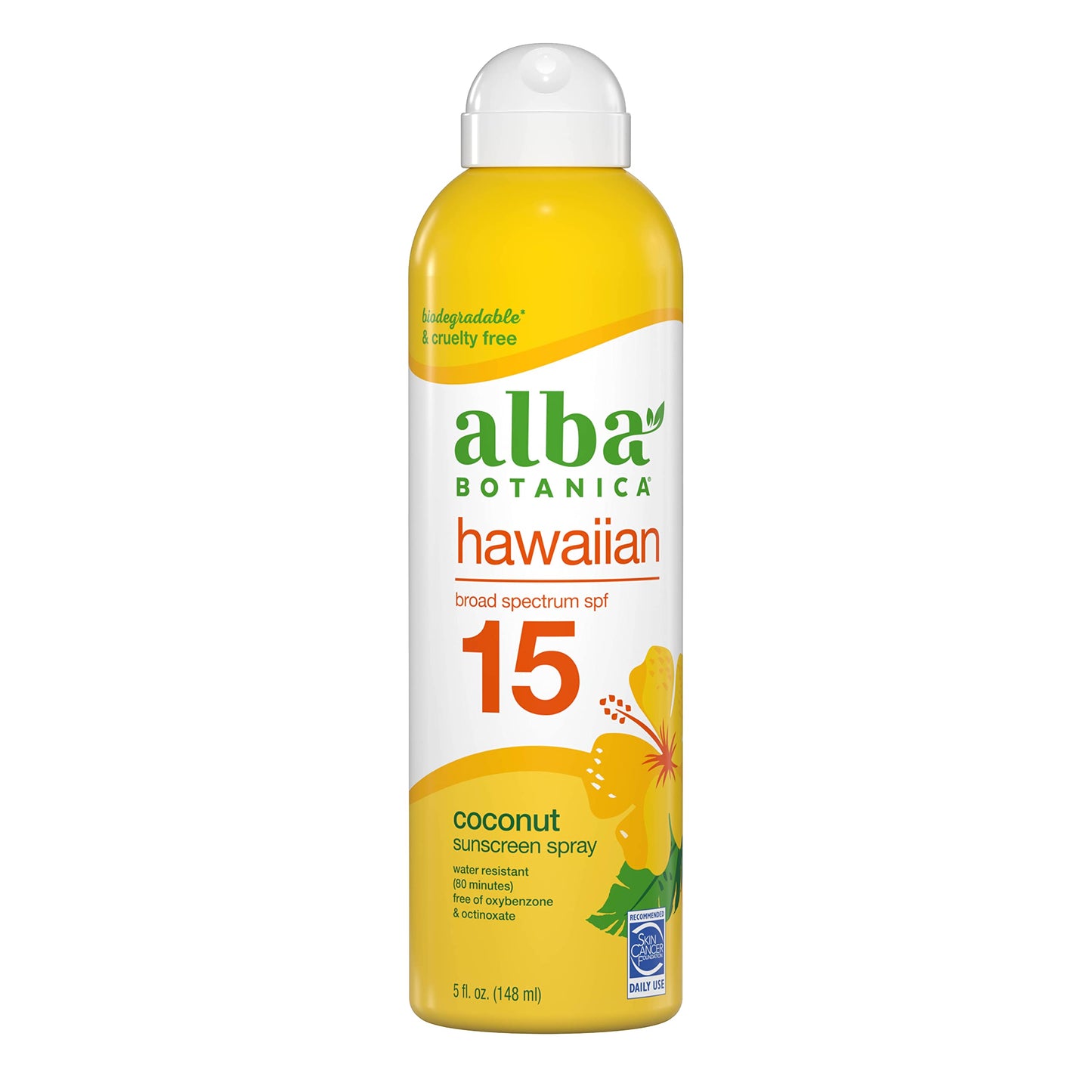 Alba Botanica Sunscreen Spray for Face and Body, Broad Spectrum SPF 15 Sunscreen, Hawaiian Coconut, Water Resistant and Biodegradable, 5 fl. oz. Bottle