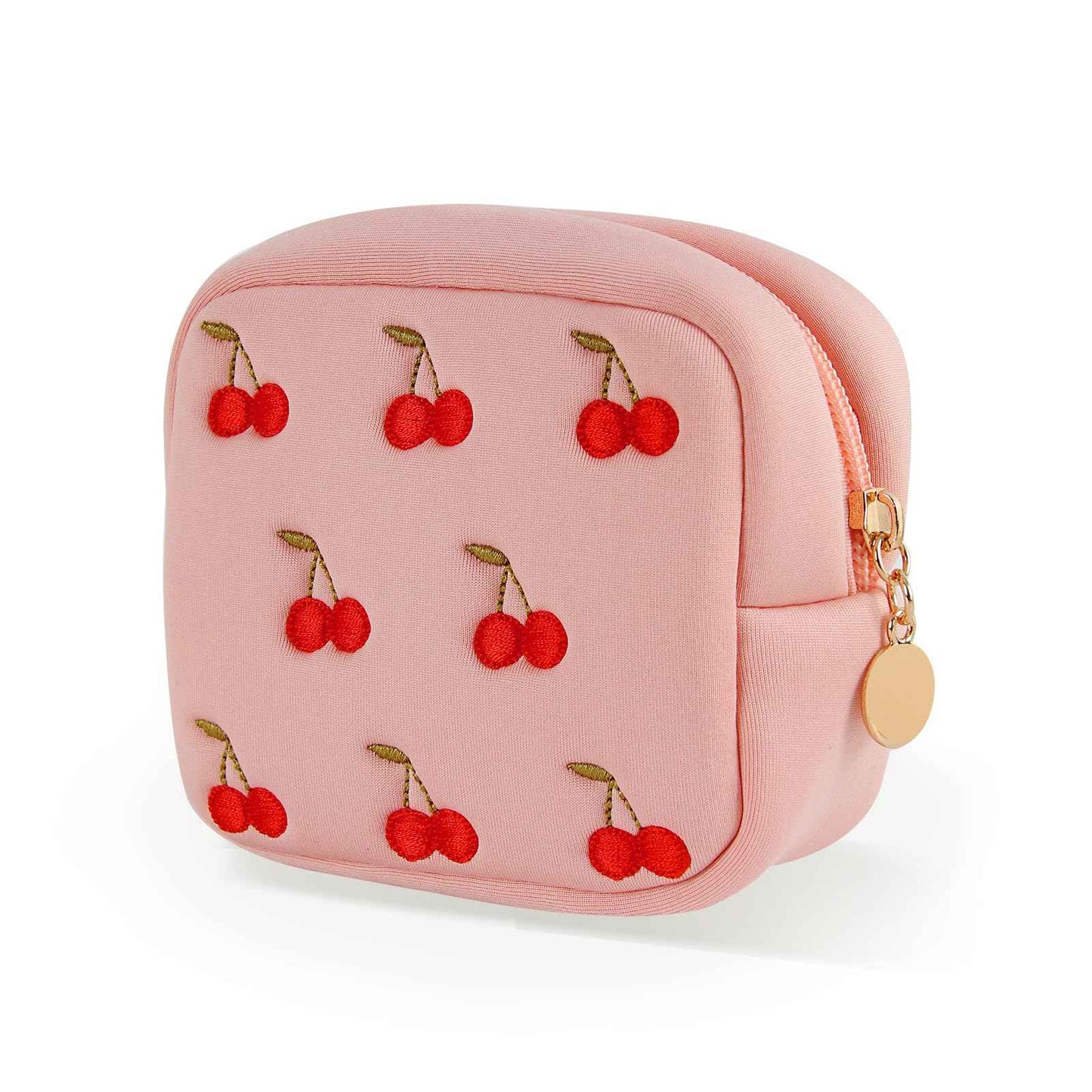 ZUCOLUS Pink Period Bag for Teen Girls, Mini Sanitary Napkin Storage Makeup Bag,Small Cherry Embroidery Period Bag for Women Girls