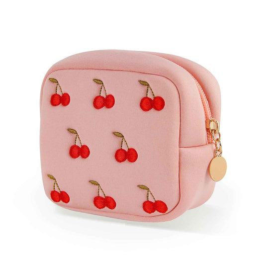 ZUCOLUS Pink Period Bag for Teen Girls, Mini Sanitary Napkin Storage Makeup Bag,Small Cherry Embroidery Period Bag for Women Girls