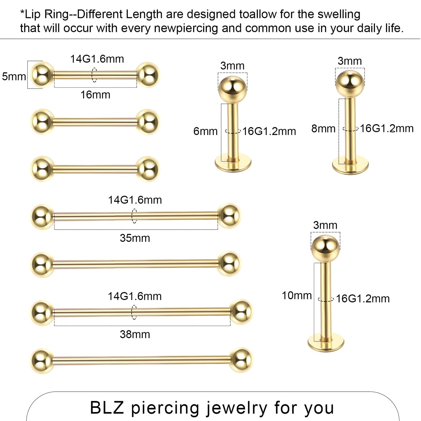 BLZ 90PCS Mixed-pack Piercing Kit Stainless Steel 14G 16G 18G 20G Piercing Needle with Nose Septum Lip Tongue Tragus Cartilage Daith Eyebrow Belly Button Rings Retainer Piercing Jewelry gold