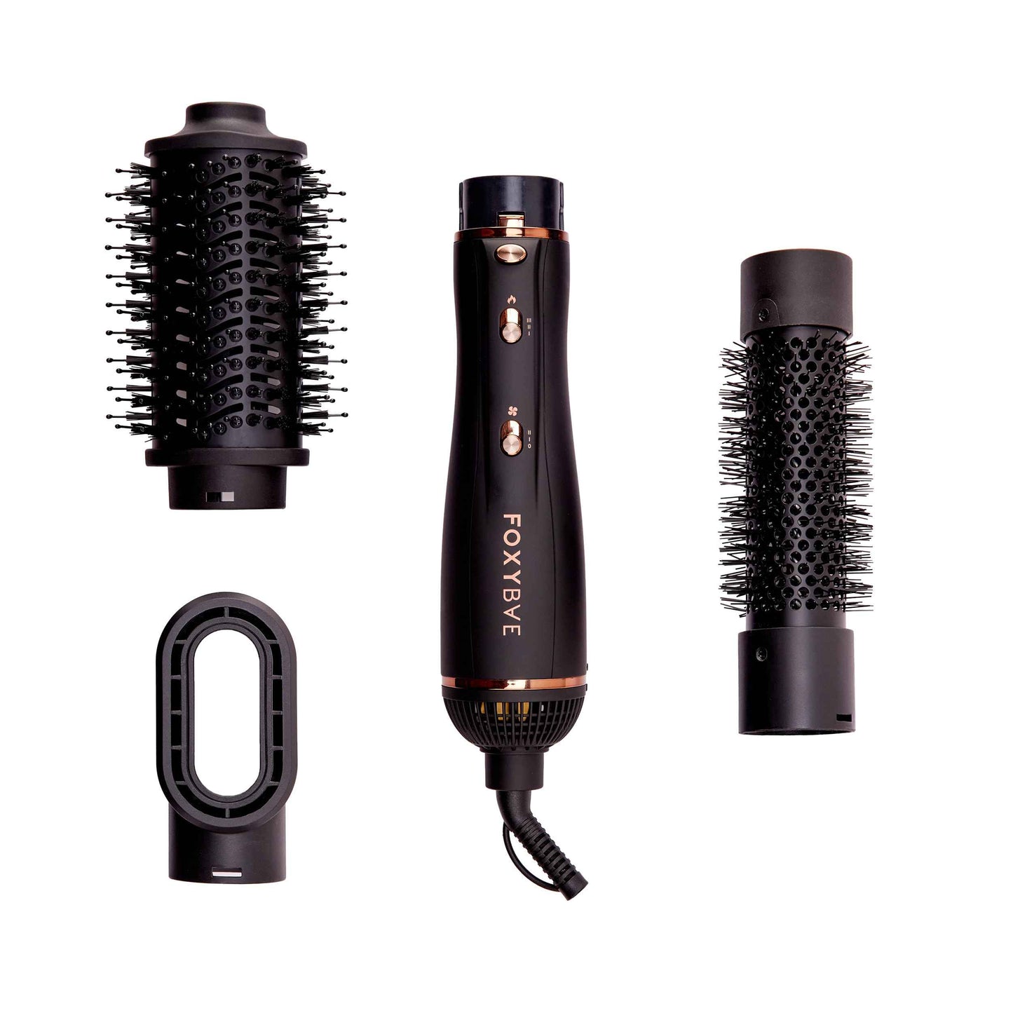 FoxyBae 3-in-1 Ceramic Interchangeable Hair Tools - Blowout Dryer - 3 Detachable Heads: 2.4" Blowout-Brush, 1.5" Hot Round Brush & Drying Cylinder Hair-Dryer & Hair Styling Set (Black Rose-Gold)