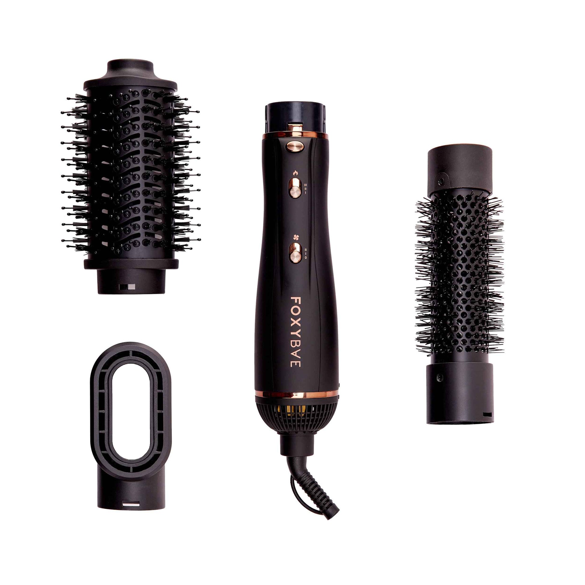 FoxyBae 3-in-1 Ceramic Interchangeable Hair Tools - Blowout Dryer - 3 Detachable Heads: 2.4" Blowout-Brush, 1.5" Hot Round Brush & Drying Cylinder Hair-Dryer & Hair Styling Set (Black Rose-Gold)