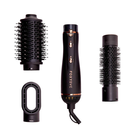FoxyBae 3-in-1 Ceramic Interchangeable Hair Tools - Blowout Dryer - 3 Detachable Heads: 2.4" Blowout-Brush, 1.5" Hot Round Brush & Drying Cylinder Hair-Dryer & Hair Styling Set (Black Rose-Gold)
