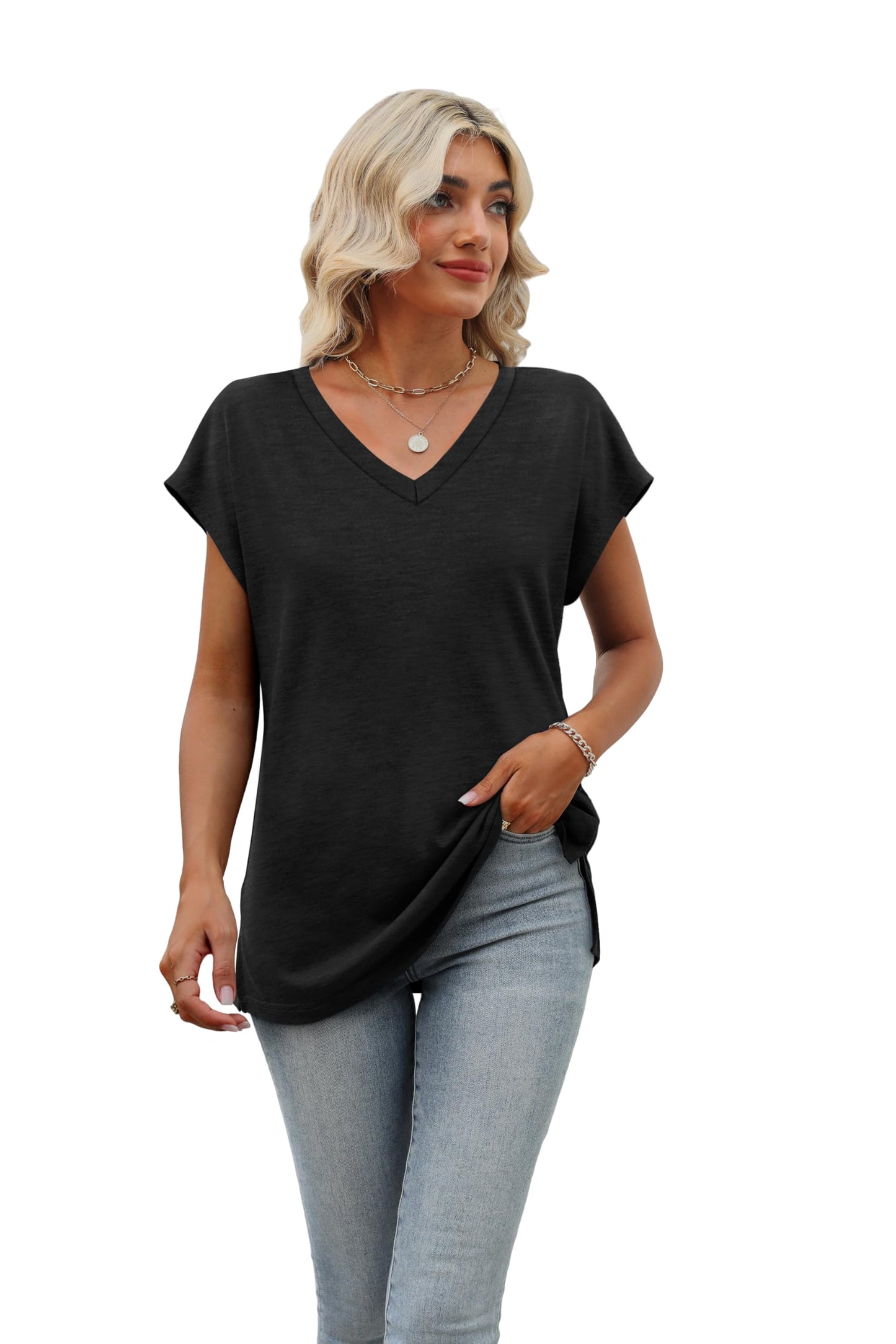 Womens Cap Sleeve Summer Tops Cute Tops Trendy V Neck Casual Loose Fit Shirts Black S