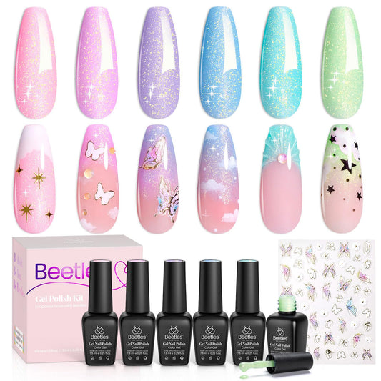 Beetles Shimmer Gel Nail Polish Set - 6 Colors Purple Glitter Gel Polish Blue Green Mermaid Nails, Pastel Nail Gel Drawing Soak Off Uv Led Needed with Nail Sticker Gifts for Her