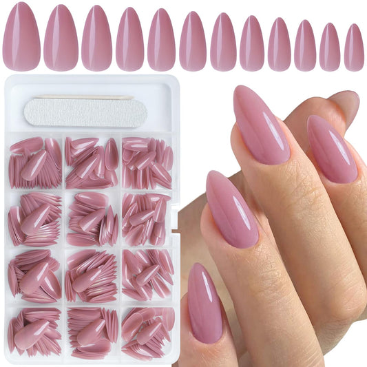 Bellelfin 360pcs Almond Press on Nails, Medium Length Fake Nails Glossy Nude False Nails Acrylic Nails Press Ons with 10 Sheets Adhesive Tabs for Women Girls Fingernails Design