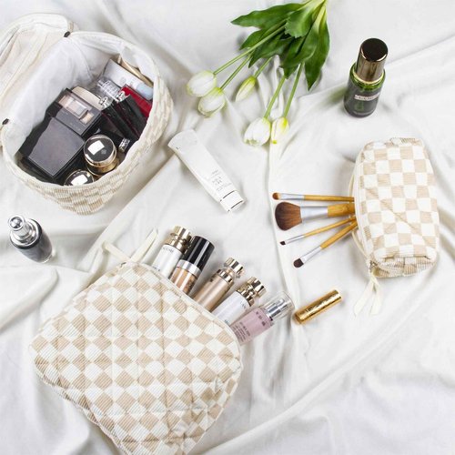 BuyCard Quilted Makeup Bag Set, 3Pcs Large Checkered Corduroy Cosmetic Bags, Cute Coquette Makeup Bag Toiletry Zipper Pouch Bag for Women Checkered Mix Brown