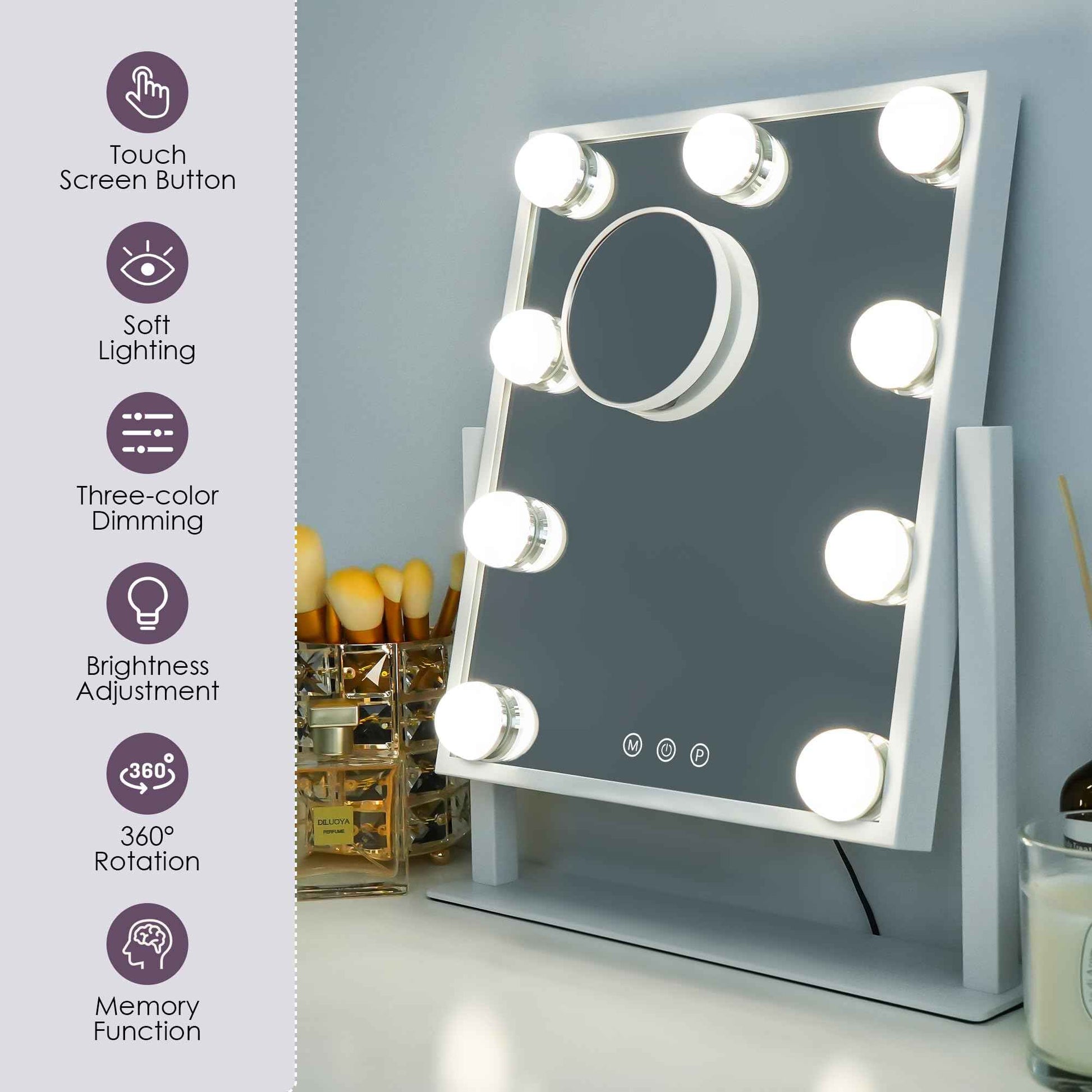 Sucedey Vanity Mirror with Lights, Makeup Mirror with Lights, 3 Color Lighting Modes Detachable 10X Magnification Mirror Touch Control, 360°Rotation, White