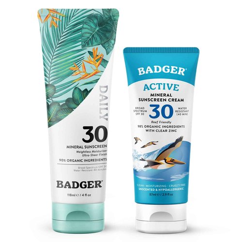 Badger SPF 30 Sunscreen Bundle - Active Mineral and Daily Mineral Sunscreen, Reef-Friendly With Zinc Oxide