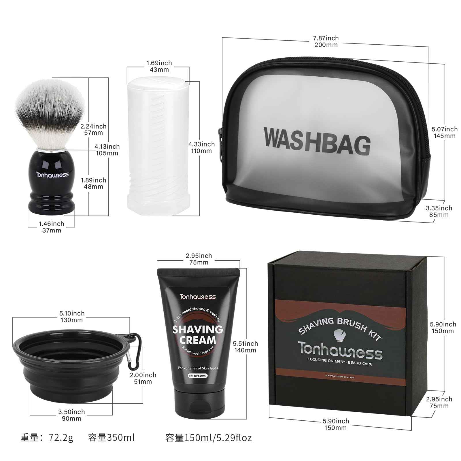 Travel Shaving Brushes Kit For Men, 5 In 1 Shaving Brush Set With Badger Hair Shave Brush, Shaving Brush Travel Case, Shaving Cream, Foldable Shaving Bowl and Washbag For Trip, Holiday