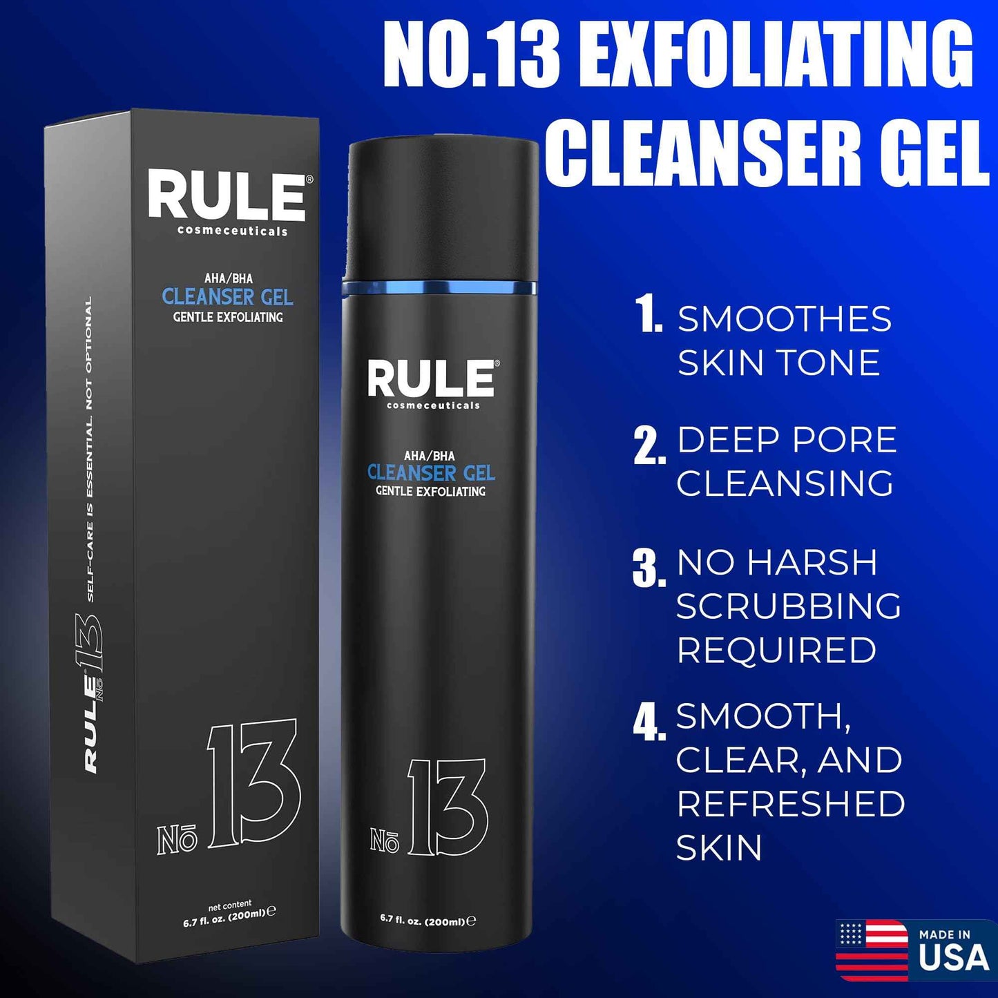 RULE COSMECEUTICALS - No.13 AHA BHA Cleanser, Exfoliating Face Wash for Smooth Skin & Pores, Gentle Facial Exfoliator for Redness & Blackheads, Hydrating pH-Balanced Gel, Oily & Sensitive Skin, 200 mL