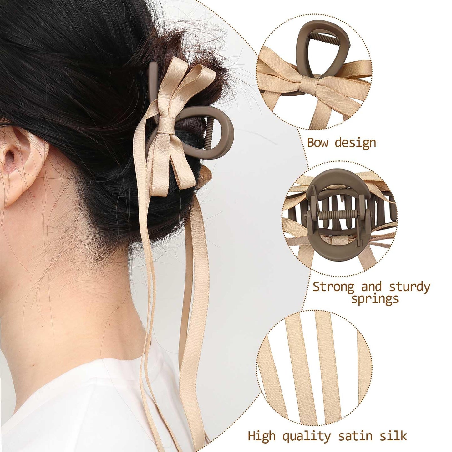 FWUNYVN 3Pcs Bow Hair Clips with Long Tail for Women,Hair Bows with Long Tail,Tassel Ribbon Hair Claw Clips,Bowknot Aesthetic Hair Accessories for Thin Thick Curly Hair (Black+White+Brown)