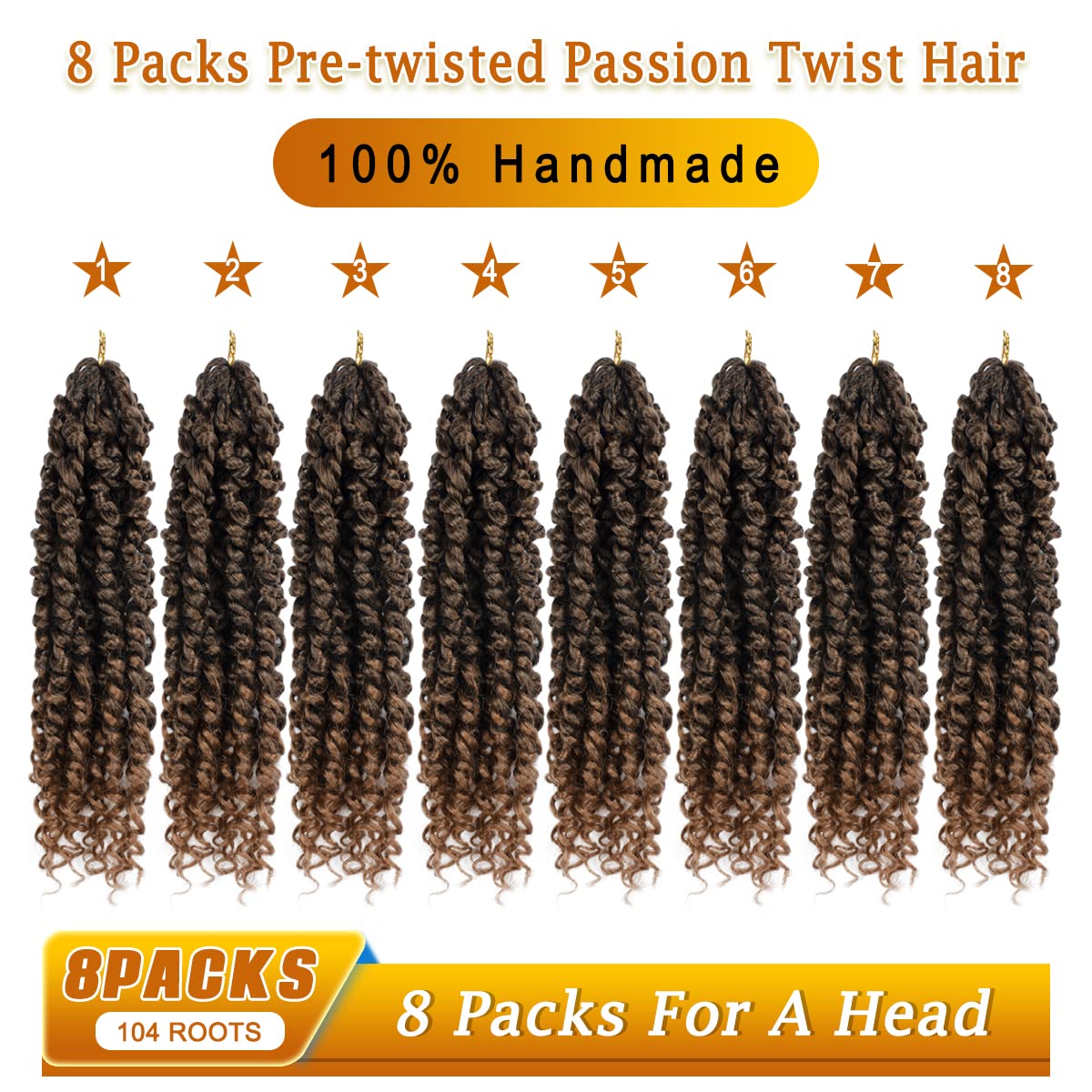 Nice One 8 Packs Ombre Brown Pre-Looped Passion Twists Braiding Synthetic Hair 12 Inch, Pre-Twisted, Short Crochet Passion Twist Hair Extensions for Women (12inch,T30#)