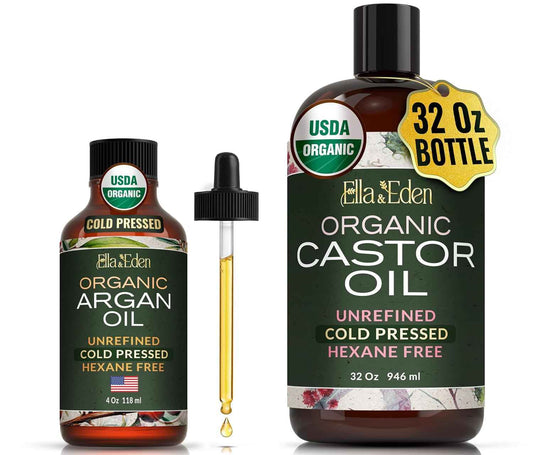 Ella & Eden Organic Castor Oil 16 Oz & Moroccan Argan Oil 4 Oz | Glass Bottle | Hair, Skin, Face, Nails | Cold-Pressed, Unrefined, Hexane-Free, USDA Certified, 100% Pure