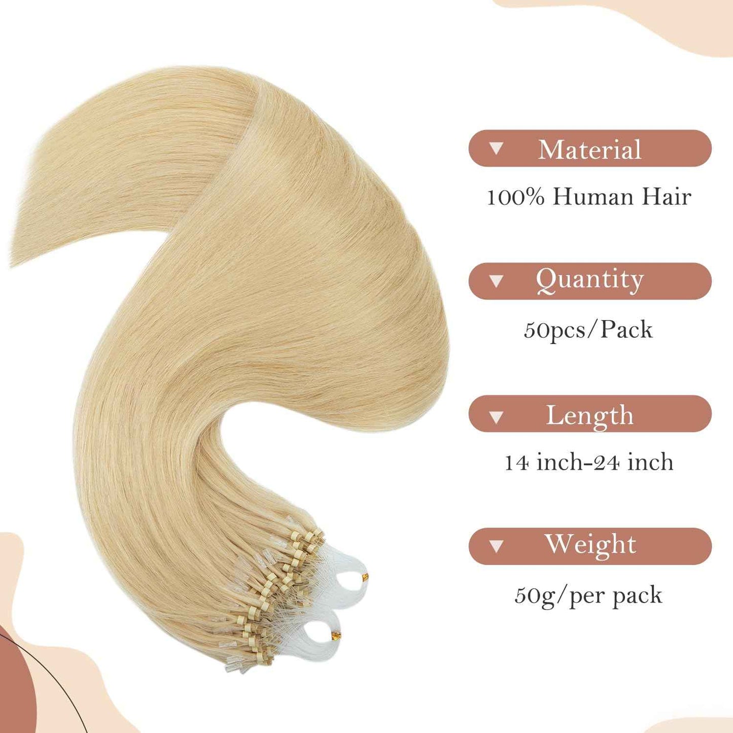 TESSHAIR Micro Loop Hair Extensions, 100% Remy Human Hair, Microlink Extensions, No Tangle & Smooth, 50 Strands 50g, 14 Inch #Bleach Blonde